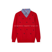 Boy's Knitted Flamingo Embroidery Shirt-Collar Pullover